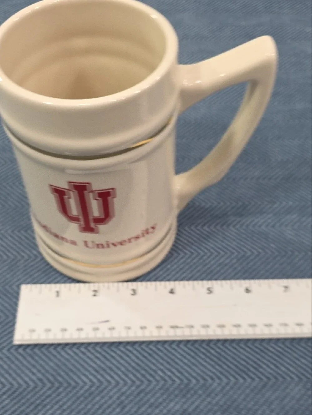Cream Indiana University Ceramic Beer Stein with Red IU Logo And Gold Accents